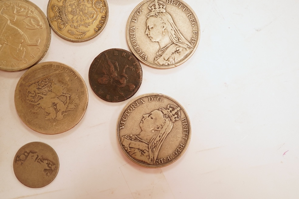 British coins, including silver crowns, George III, Victoria, George V, Victoria double florins, etc.